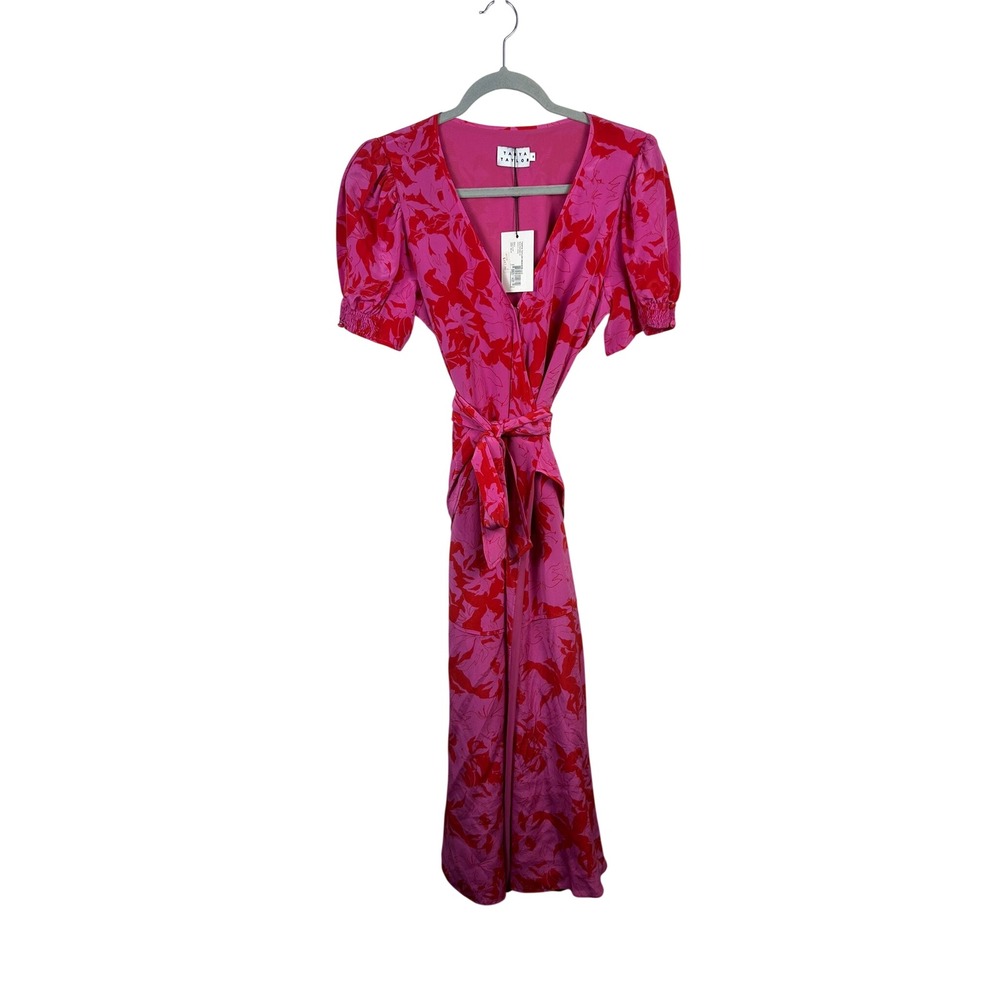 Tanya Taylor Dorothy Dress Women 8 Pink Red New Silk Floral Wrap Midi